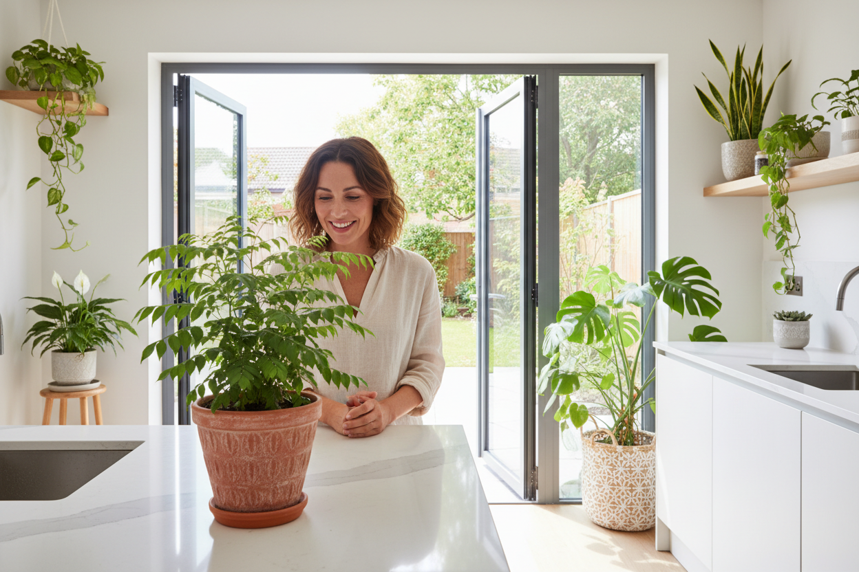 Generate high quality image of Morden kitchen space with curry leaf plant in counterparty  style pot. Beautify women looking at the curry leaf plant near by folding doors. there is a monstera pot also in the side and some other hour plants where possible. generate the picture to fit the slideshow of bestoftrees.com website
